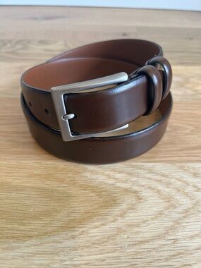 Joseph Abboud Minimalist Dark Brown Leather Belt with Silver Buckle - Size 34